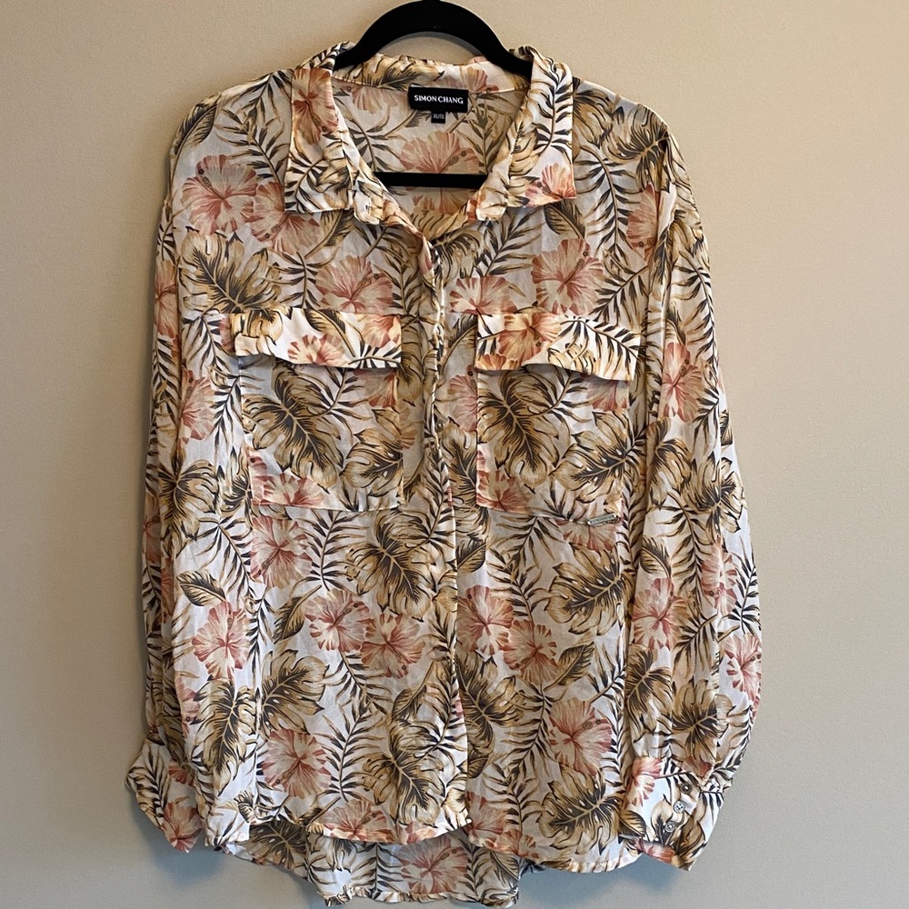 Simon Chang tropical floral top - Pink and Tan